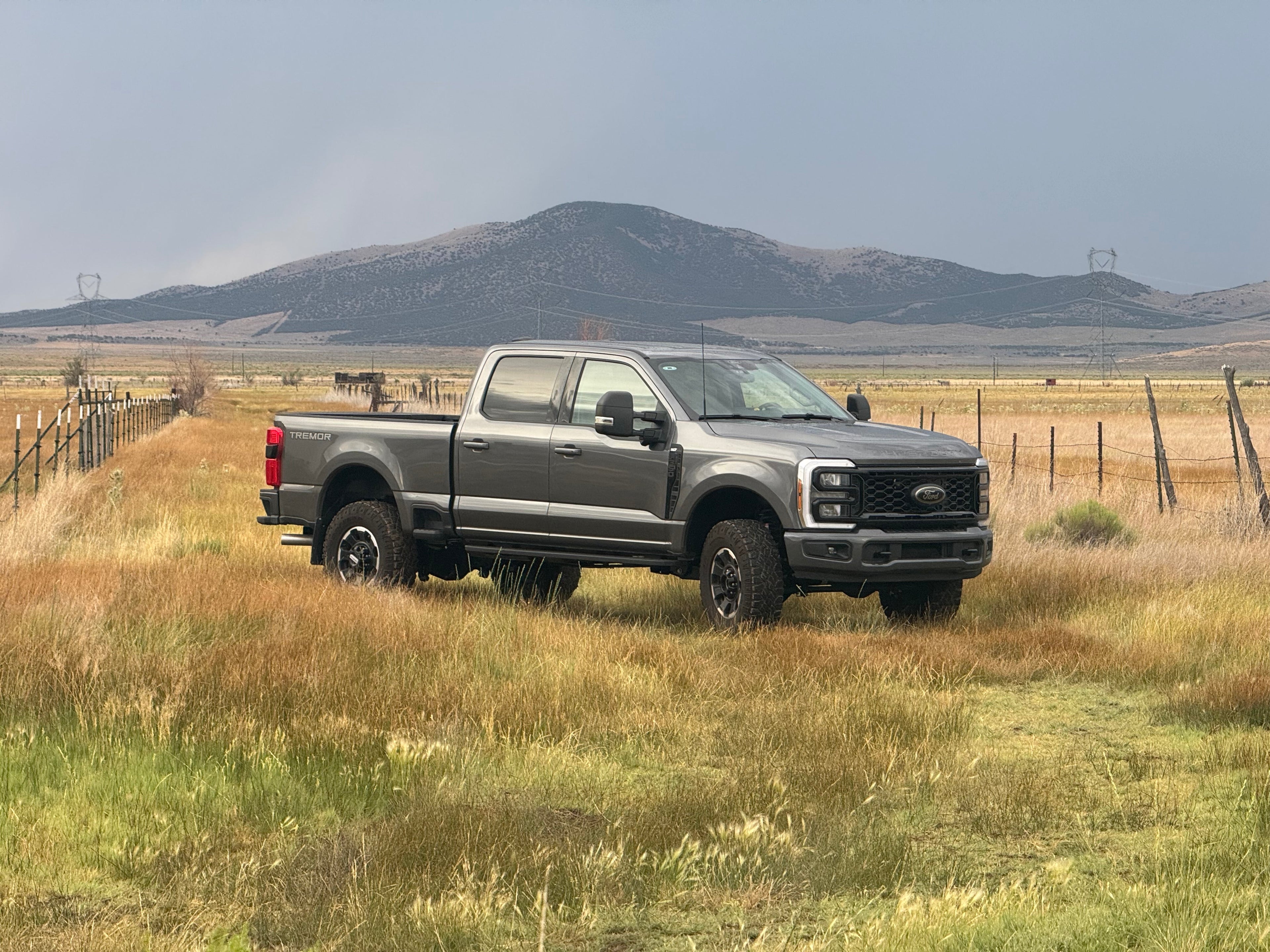 A grey Ford Super Duty Tremor crew cab standing in dry grassland, with a fence line and a mountain behind it.