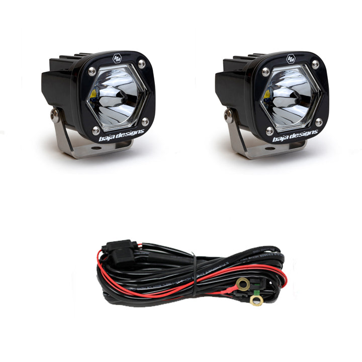 Pair of clear-lens pods with spot optics, shown with the black wiring harness