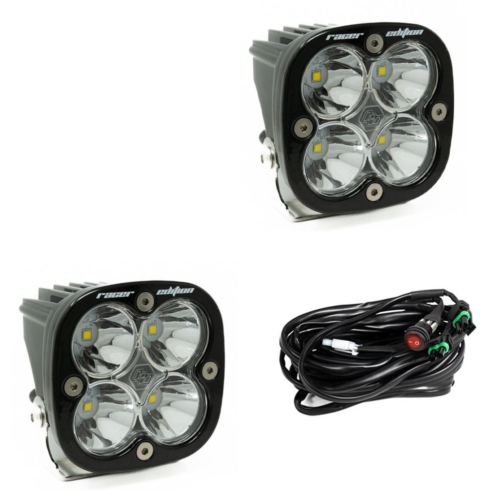 Pair of Racer Edition pods with clear lenses and racer spot optics, plus the black wiring harness