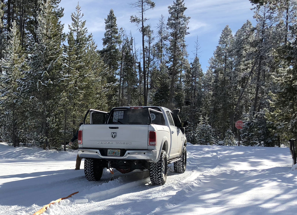 White Ram parked in deep snow among frosted pines, rack over the bed