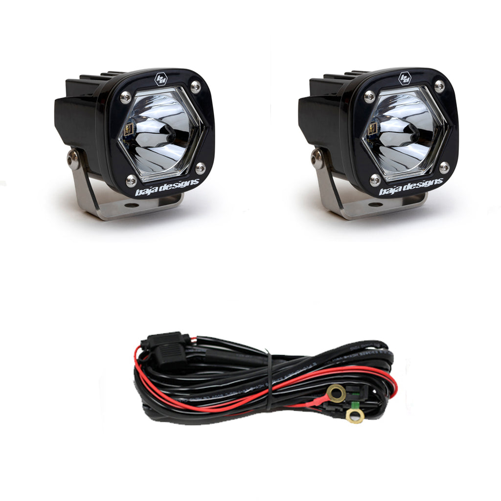 Pair of clear-lens pods with laser spot optics, shown with the black wiring harness