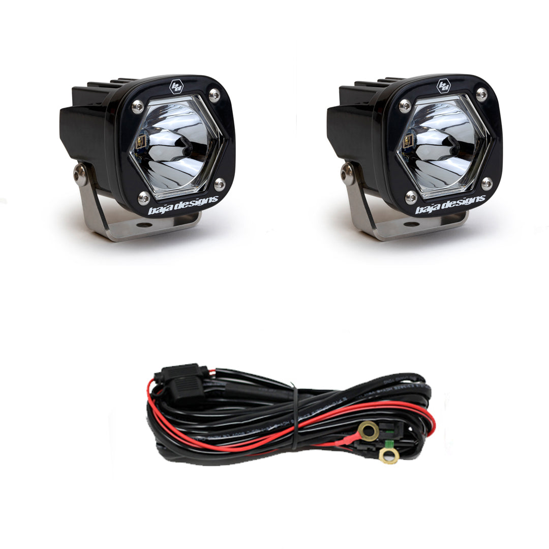 Pair of clear-lens pods with laser spot optics, shown with the black wiring harness