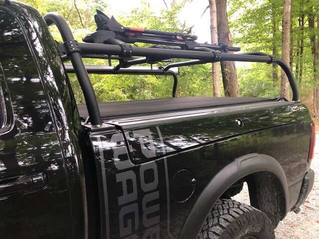 Close view over the bedside of a Power Wagon, bike carriers mounted on the crossbars