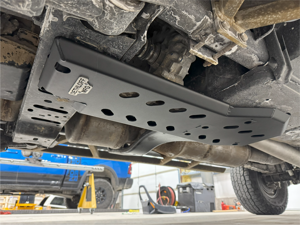 The fitted guard from the side, running back along the underbody