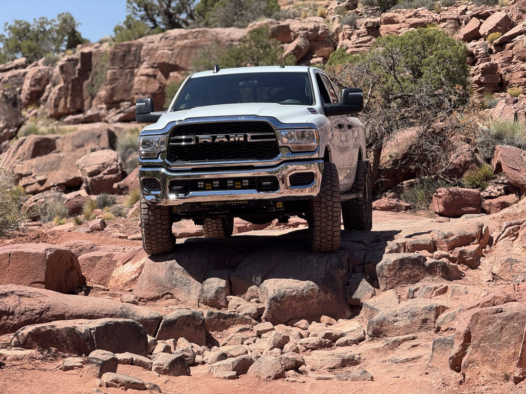 White Ram climbing a rock ledge head-on in red rock country