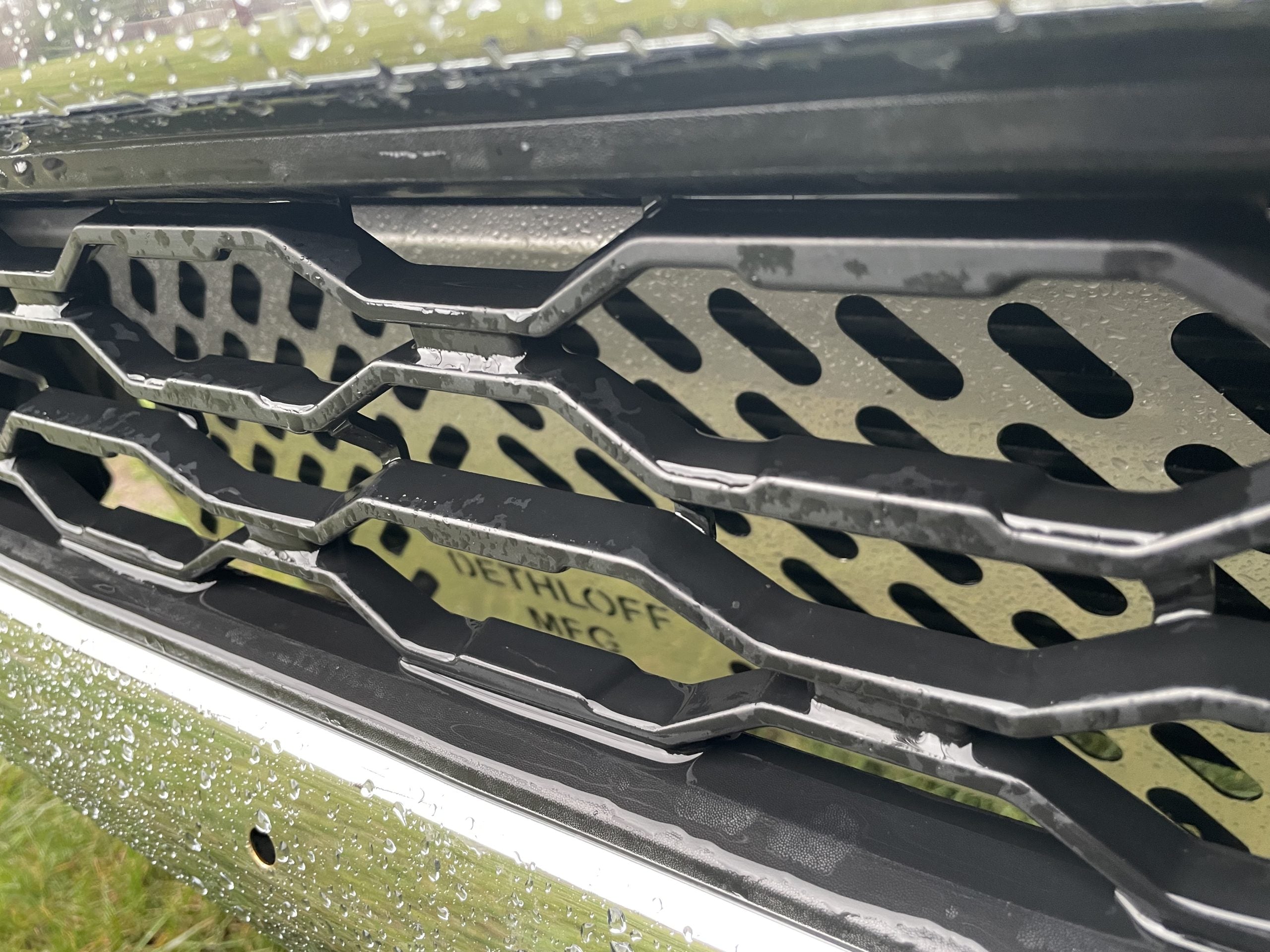 Close view of the guard behind the lower grille, seen through the bumper slots