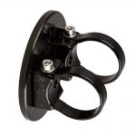 The black mount from behind, its two clamp rings open