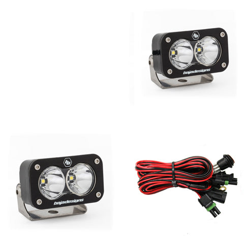Pair of clear-lens pods with work/scene optics, shown with the wiring harness