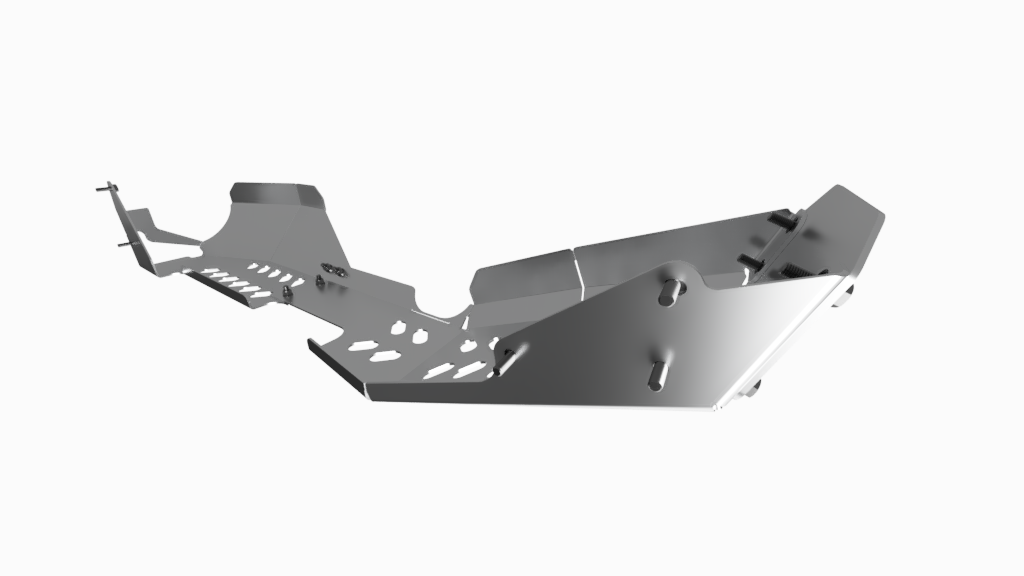 Render seen from below and behind, showing the stepped panels and the frame mounting tabs