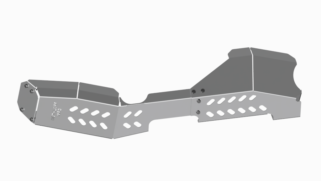 Render of the two guard halves, lightening slots across both faces and the Dethloff badge stamped at the left end