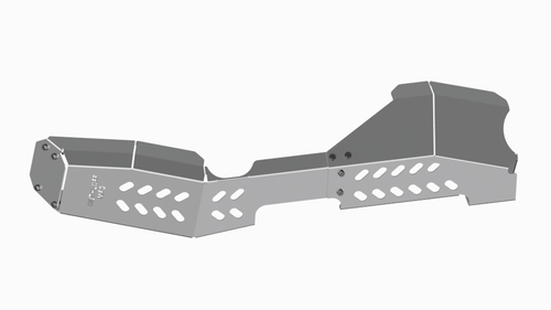 Render of the two guard halves, lightening slots across both faces and the Dethloff badge stamped at the left end