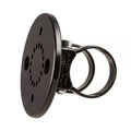 Black round mounting plate on its twin bar clamps, seen from the front
