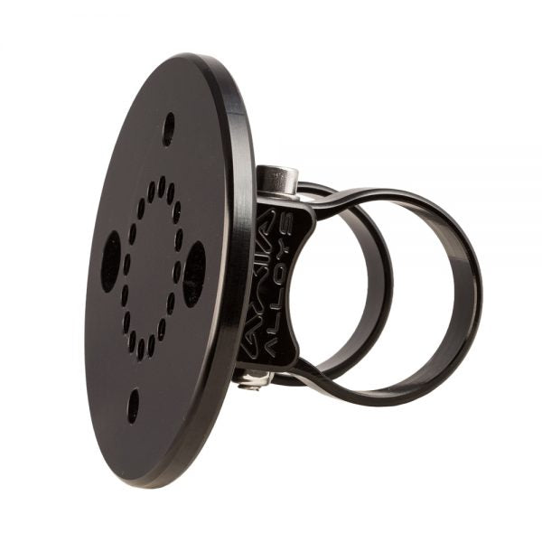 Black round mounting plate on its twin bar clamps, seen from the front