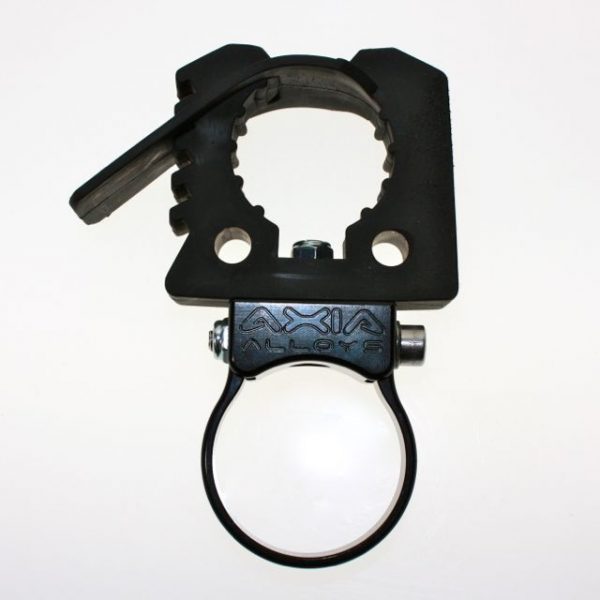 A larger rubber-lined clamp jaw on a bar clamp ring, Axia Alloys marking on the body