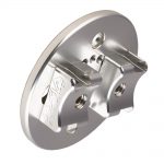 The same mount in a bare aluminum finish, seen from the side