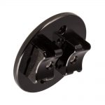 The black mount from the side, clamp jaws visible behind the plate