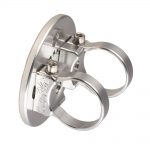The aluminum mount from behind, its two clamp rings open